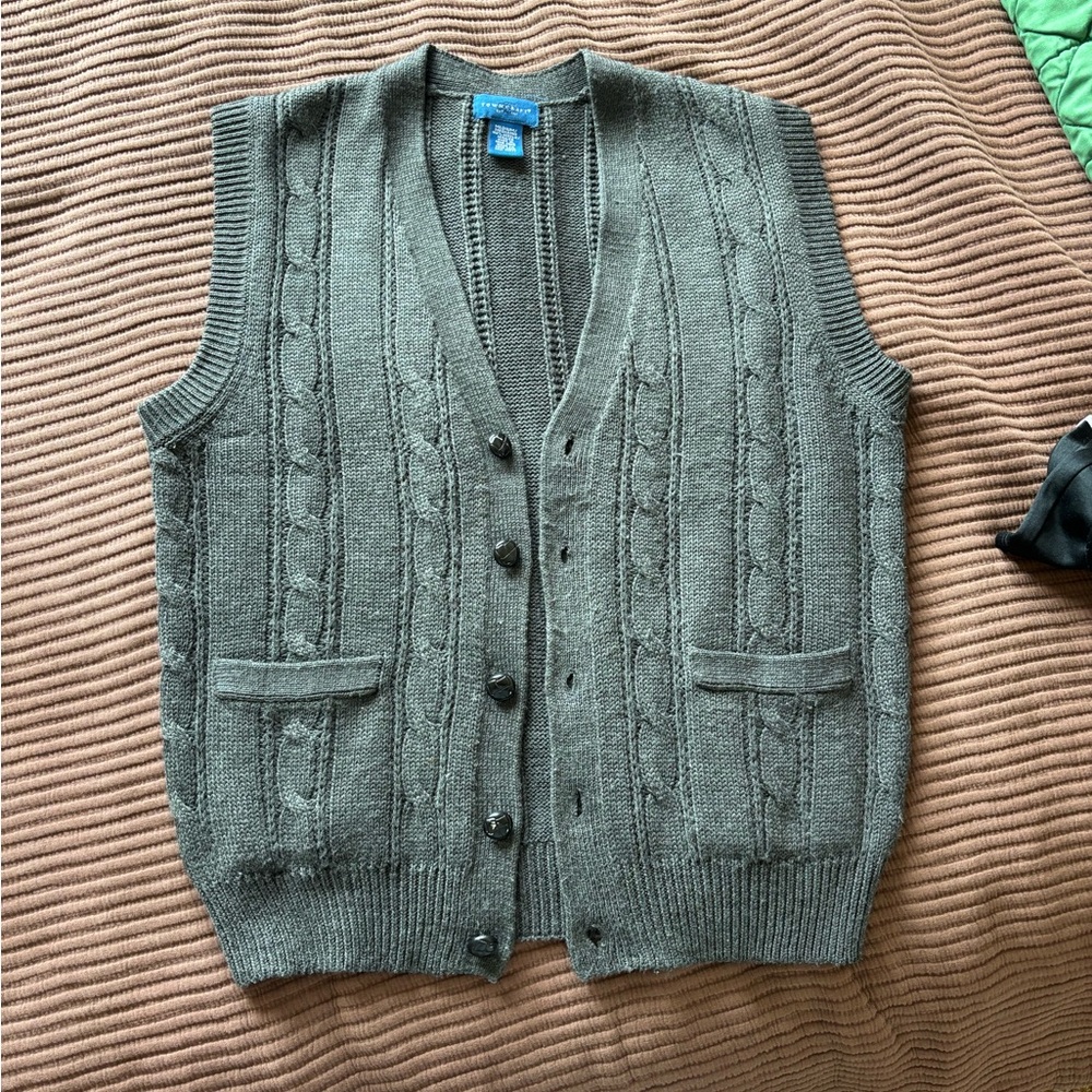 Vintage Towncraft Gray Cable Knit Button Up Sweater Vest Pockets Men's Medium